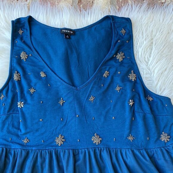 Torrid Peacock Blue Sleeveless Beaded Babydoll Longline Top Size 3 - Picture 5 of 13